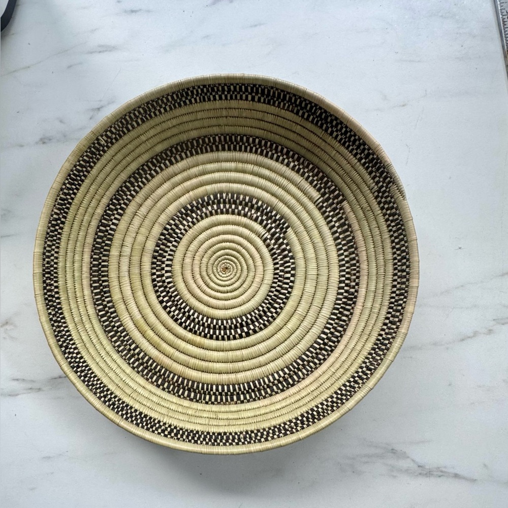 Handwoven Rwandan African Sisal Basket – 12” Natural & Black Coiled Artisan Bowl